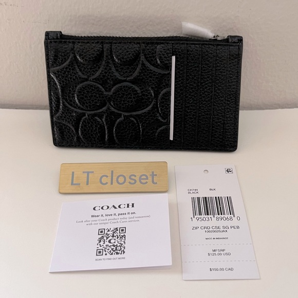NWT Coach CH744 Zip Card Case In Signature Leather Wallet Card Holder Black $125 - Picture 1 of 4